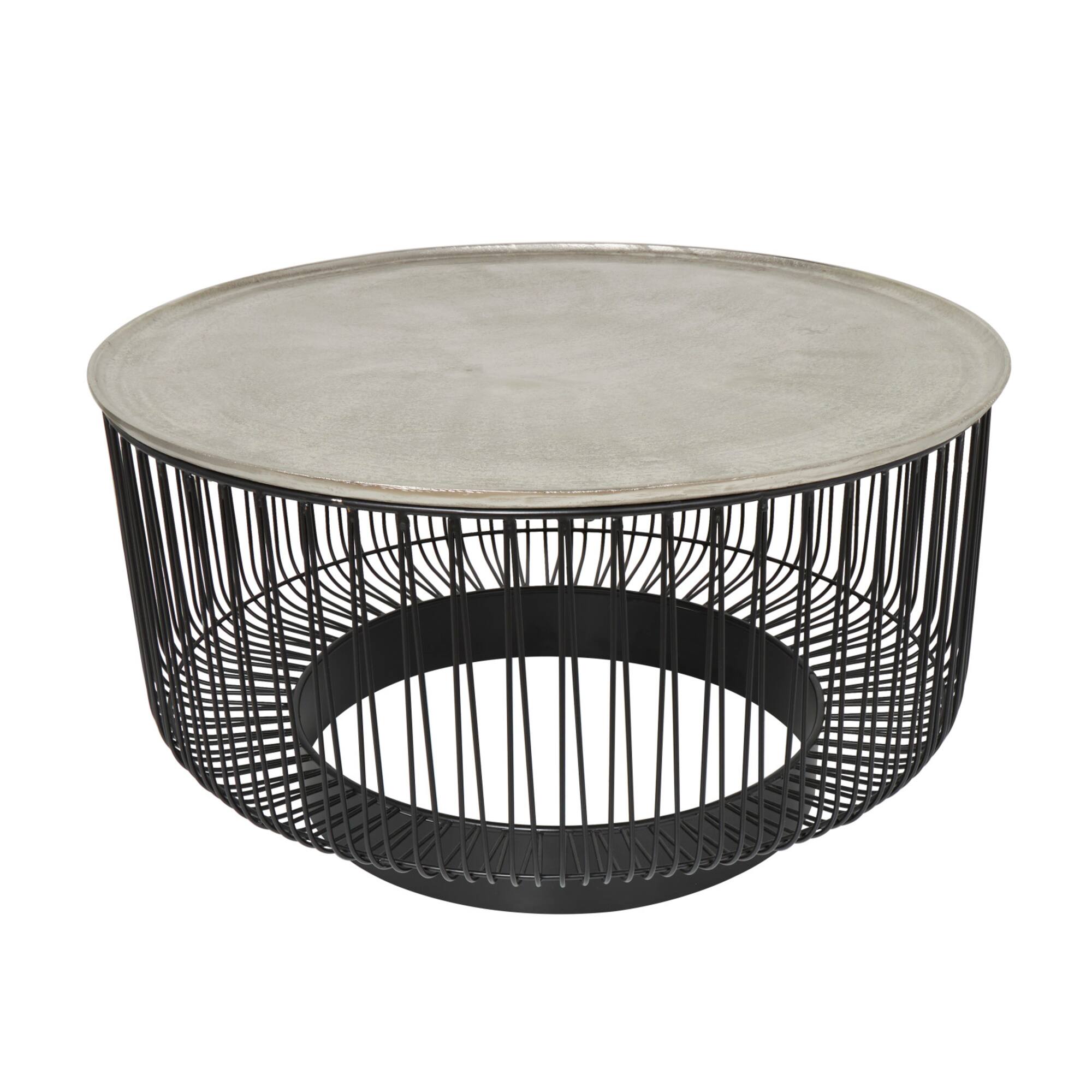 30" Black Metal Open Frame Wire Geometric Coffee Table with Silver Aluminum Top
